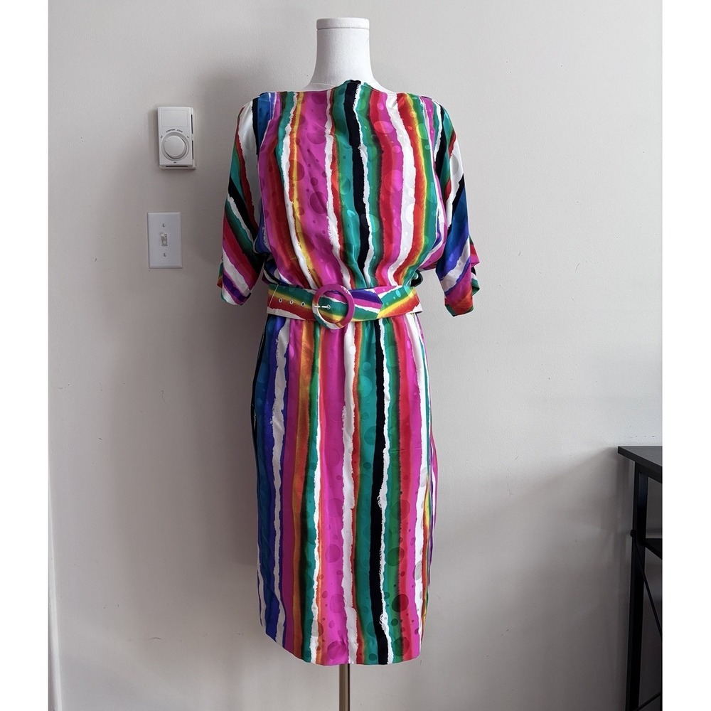 VTG 80s Anne Crimmins for Umi Collections SILK Rainbow Stripe Dress 10 Medium